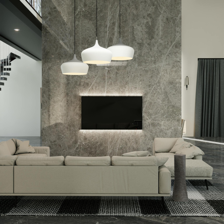 A sleek and modern living room with minimalist design, featuring a couch and contemporary lighting.
