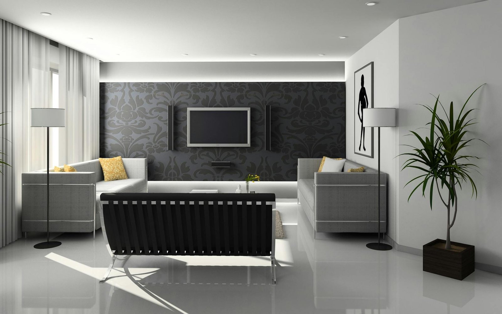 A sleek and modern living room with minimalist decor and monochrome theme.