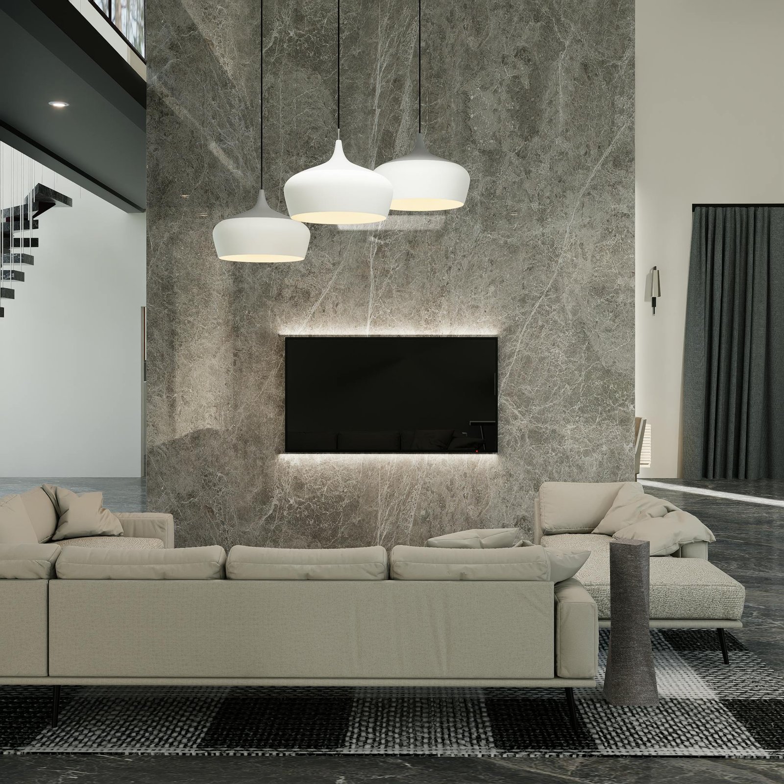 A sleek and modern living room with minimalist design, featuring a couch and contemporary lighting.