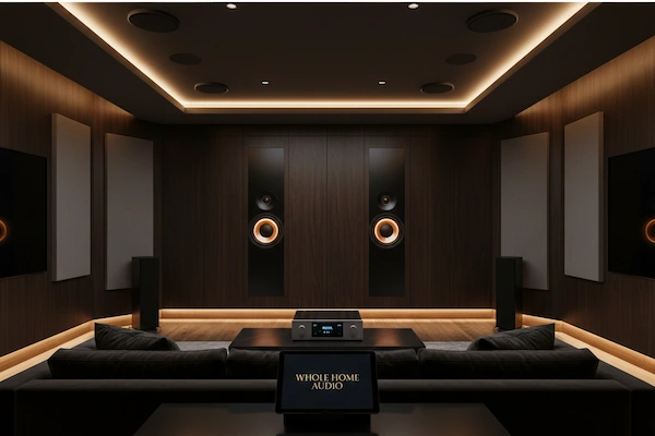 Audiophile-Grade Home Cinema Experience Luxury home cinema room featuring premium floor-standing speakers, acoustic wall treatments, and a central automation tablet, representing high-fidelity whole home audio integration.