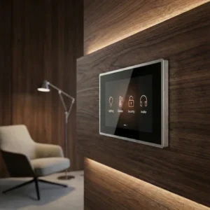 Integrated Home Automation Interface Wall-mounted luxury smart home control panel on dark wood finish, displaying interface for lighting, climate, security, and audio automation.