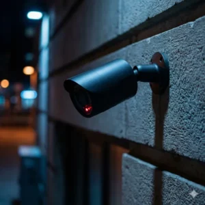 Architectural Perimeter Surveillance System Matte black military-grade surveillance camera mounted on a textured concrete wall, representing high-end perimeter security for luxury estates.