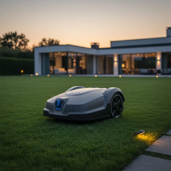 Automated Estate Lawn Maintenance Sleek robotic lawn mower maintaining a perfectly manicured lawn at twilight, with a modern luxury estate in the background, representing automated smart grounds management.